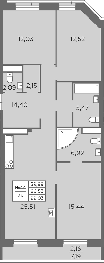 3-комнатная квартира 99.03 м², 7/7 эт., ЖК «Северная Корона»